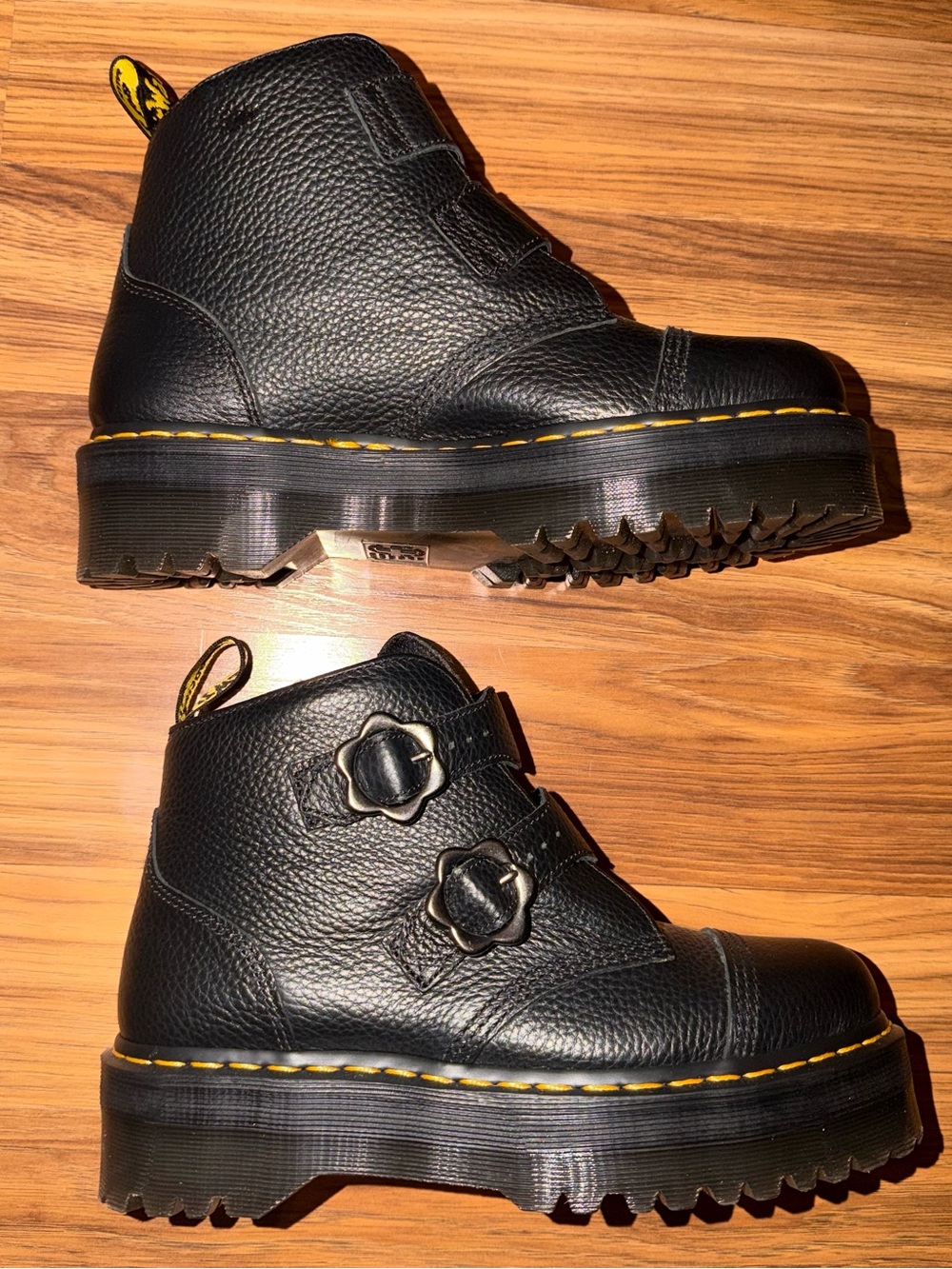 Dr. Martens Black Leather Platform Ankle Boots with Yellow Stitching